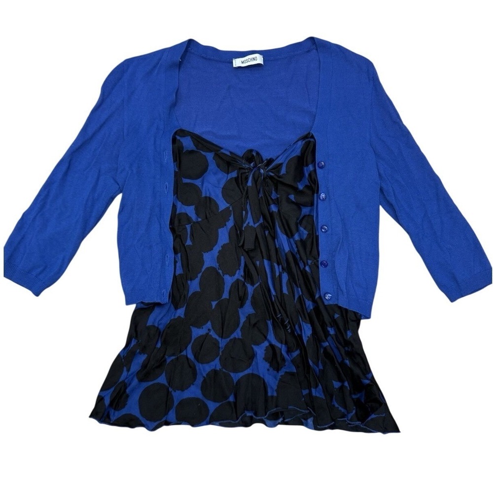VTG Moschino Cheap and Chic Splattered Polka Dot Blue Black Layered Top Sz 6